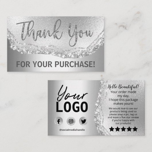 Glam Silver Foil Agate Bedankt voor je aankoop Inv Visitekaartje (Voorkant / Achterkant)