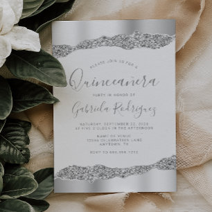Glam Silver Foil Glitter Quinceañera Kaart