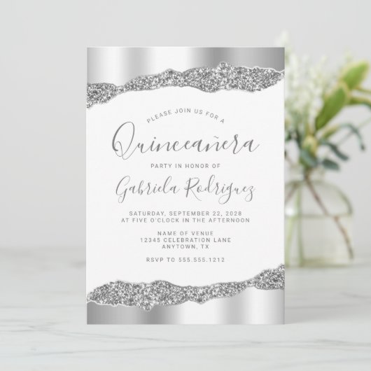 Glam Silver Foil Glitter Quinceañera Kaart (Staand voorkant)