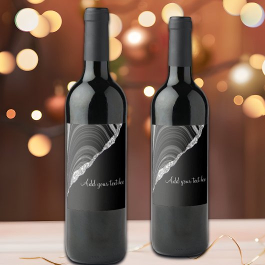 Glam Silver Glitter Black Festival Wijn Etiket