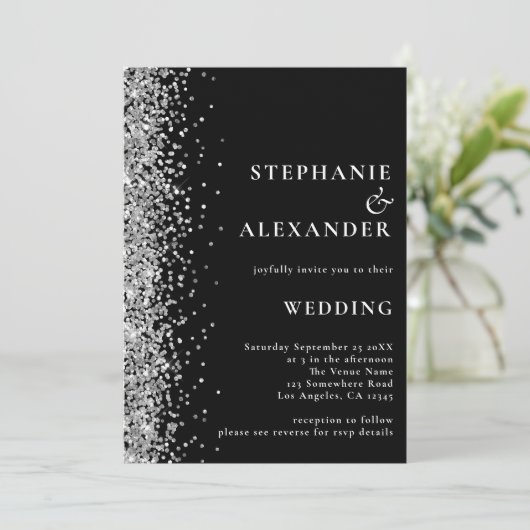 Glam Silver Glitter Black QR Code Weddenschap Kaart (Staand voorkant)