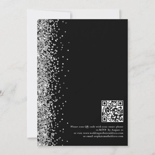 Glam Silver Glitter Black QR Code Weddenschap Kaart (Achterkant)