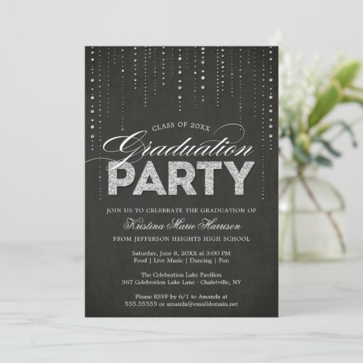 Glam Silver Glitter Bling Graduparty Kaart (Staand voorkant)