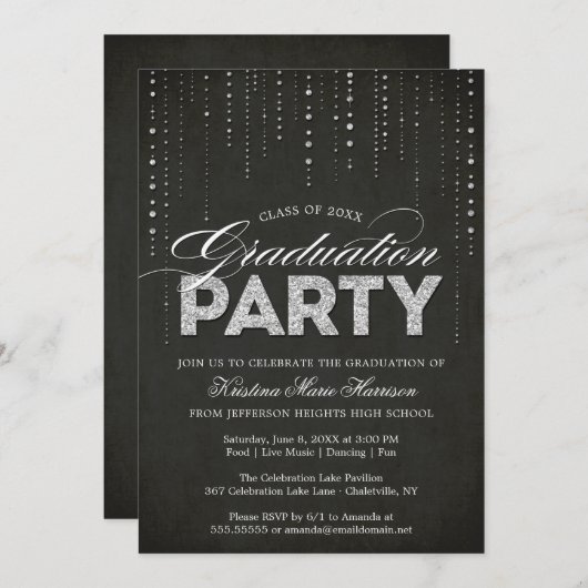 Glam Silver Glitter Bling Graduparty Kaart (Voorkant / Achterkant)