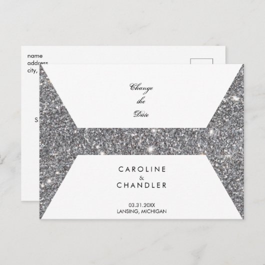 Glam Silver Glitter Bruiloft Verander de datum Aankondigingskaart (Voorkant / Achterkant)