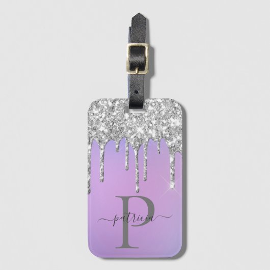 Glam Silver Glitter Drift Elegant Monogram Bagagelabel (Voorkant (verticaal))