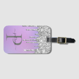 Glam Silver Glitter Drift Elegant Monogram Bagagelabel