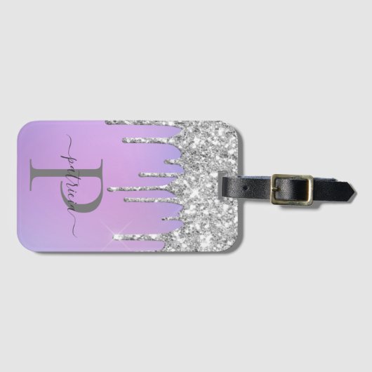 Glam Silver Glitter Drift Elegant Monogram Bagagelabel (Voorkant (horizontaal))