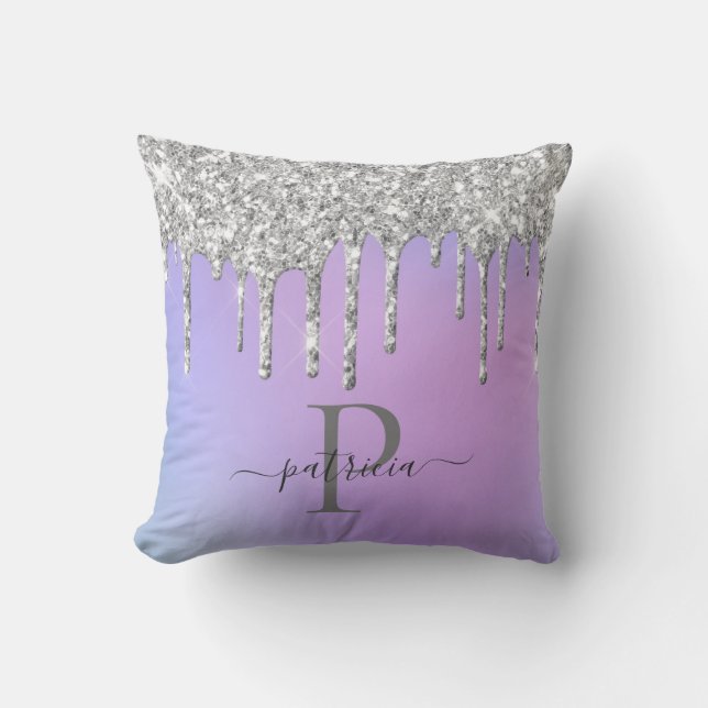 Glam Silver Glitter Drift Elegant Monogram Kussen (Voorkant)