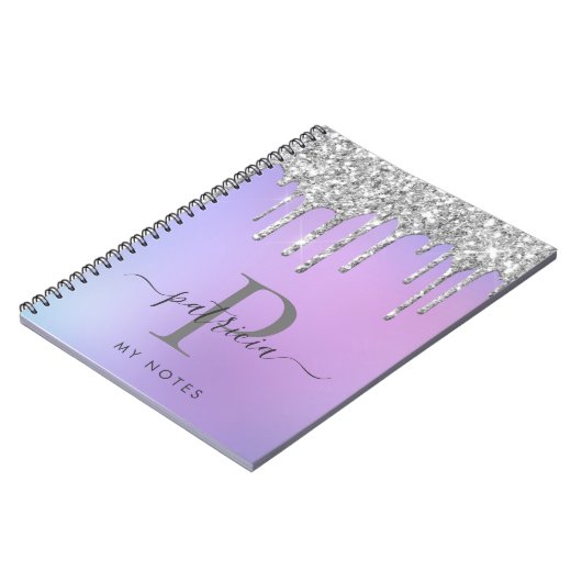 Glam Silver Glitter Drift Elegant Monogram Notitieboek (Linkerzijde)