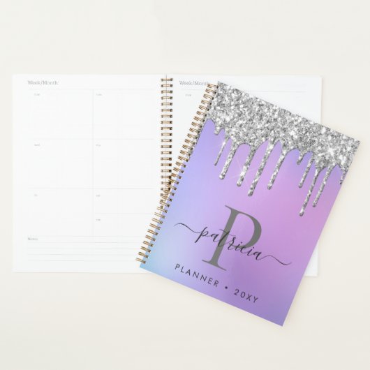 Glam Silver Glitter Drift Elegant Monogram Planner (Display)