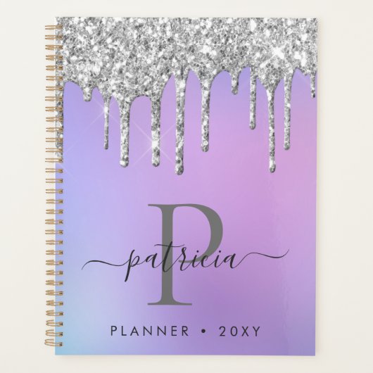 Glam Silver Glitter Drift Elegant Monogram Planner (Voorkant)