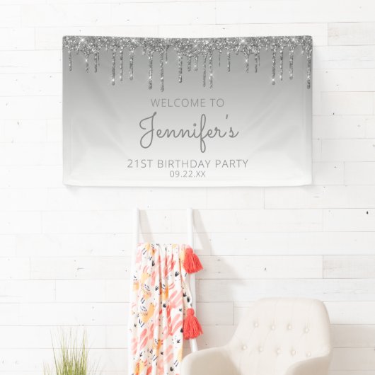 Glam Silver Glitter Drip 21e verjaardag Spandoek (Insitu)