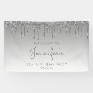Glam Silver Glitter Drip 21e verjaardag Spandoek