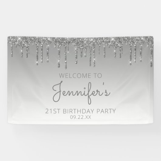 Glam Silver Glitter Drip 21e verjaardag Spandoek (Horizontaal)