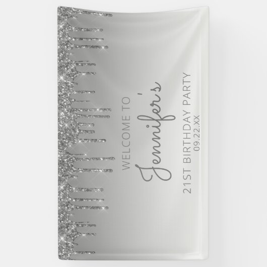 Glam Silver Glitter Drip 21e verjaardag Spandoek (Verticaal)