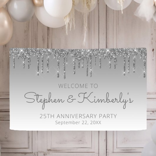 Glam Silver Glitter Drip 25th Jubileum Party Spandoek