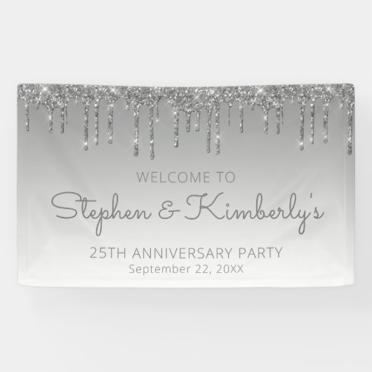 Glam Silver Glitter Drip 25th Jubileum Party Spandoek (Horizontaal)
