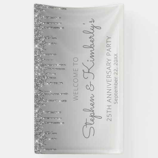 Glam Silver Glitter Drip 25th Jubileum Party Spandoek (Verticaal)