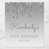 Glam Silver Glitter Drip 50th Birthday Party Wijn Etiket (Enkel label)