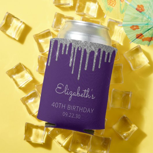 Glam Silver Glitter Drip Paarse 40e Verjaardag Blikjeskoeler (Insitu Zomer)