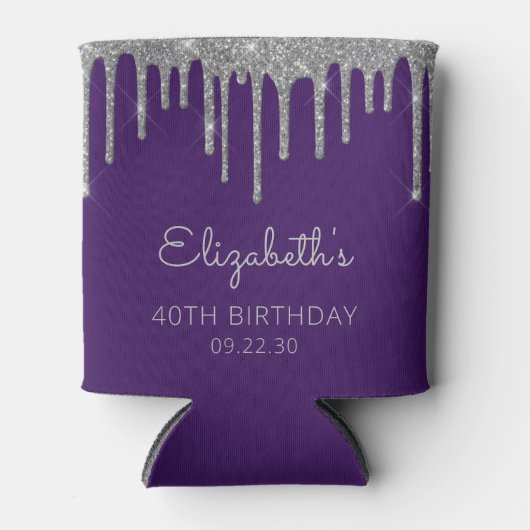 Glam Silver Glitter Drip Paarse 40e Verjaardag Blikjeskoeler (Voorkant)