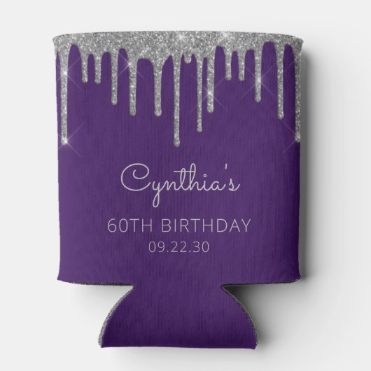 Glam Silver Glitter Drip Paarse 60ste Verjaardag Blikjeskoeler (Achterkant)