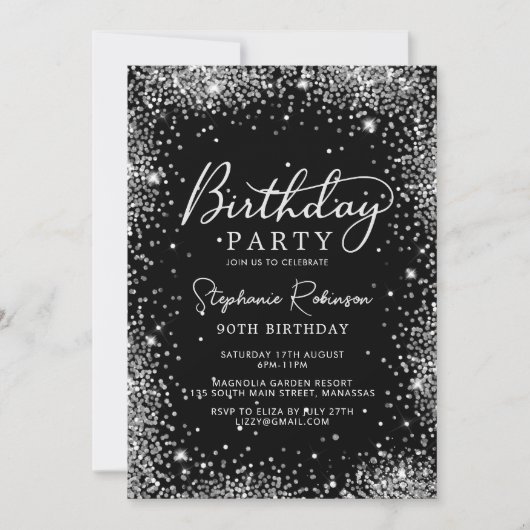 Glam Silver Glitter en Black 90e verjaardag Kaart (Voorkant)