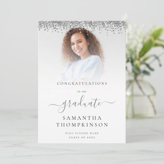 Glam Silver Glitter Foto 2024 Afstuderen Aankondiging (Staand voorkant)