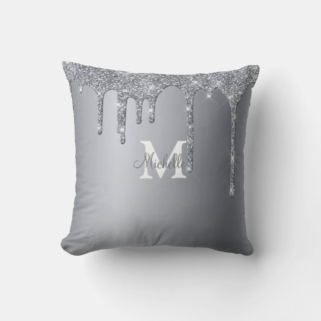 Glam Silver Glitter gepersonaliseerd monogram Kussen (Voorkant)