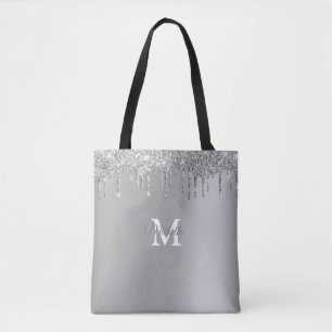 Glam Silver Glitter Gepersonaliseerd Monogram Tote Bag