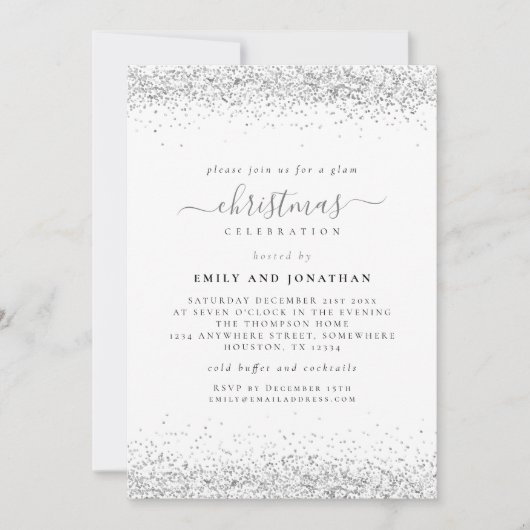 Glam Silver Glitter-kerstfeest Uitnodiging (Voorkant)
