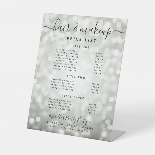 Glam Silver Glitter Lights Salon Prijs Menu Reclamebord Met Voetstuk (Voorkant)