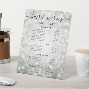 Glam Silver Glitter Lights Salon Prijs Menu Reclamebord Met Voetstuk