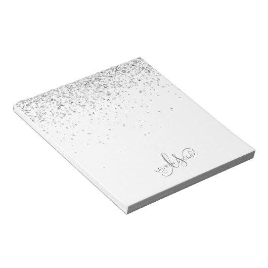 Glam Silver Glitter Monogram Naam Notitieblok (Schuin)