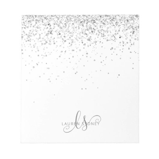 Glam Silver Glitter Monogram Naam Notitieblok (Voorkant)