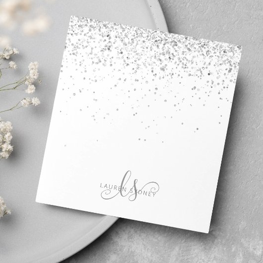 Glam Silver Glitter Monogram Naam Notitieblok