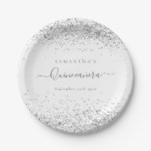 Glam Silver Glitter Naam Datum Quinceañera Papieren Bordje (Voorkant)