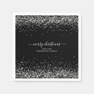 Glam Silver Glitter Name Merry KerstBlack Servet