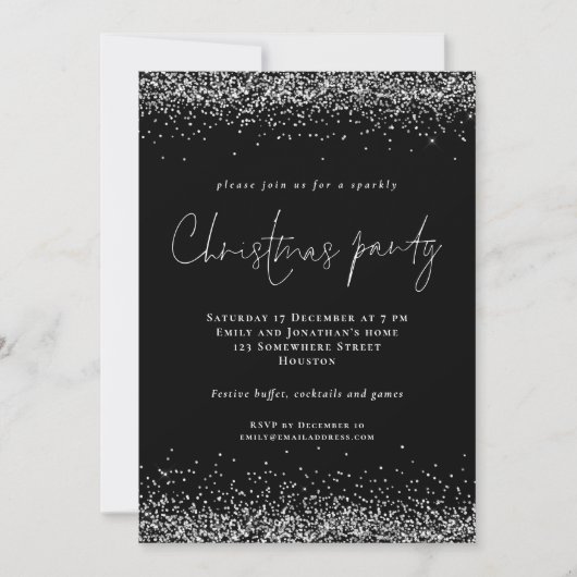 Glam Silver Glitter Script Kerstparty Black Kaart (Voorkant)