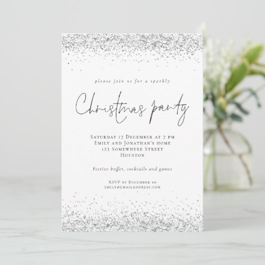 Glam Silver Glitter Script Kerstparty Kaart (Staand voorkant)