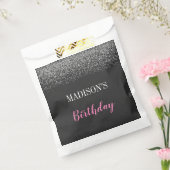 Glam Silver Glitter Sparkles Black & Roze Birthday Bedankzakje (Gezegeld)