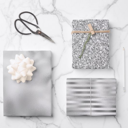 Glam Silver Glitter Stripes Inpakpapier Vel (Voorkant)