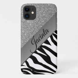 Glam Silver Glitter Zebra Print gepersonaliseerd Case-Mate iPhone Case