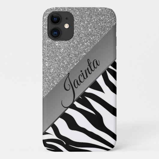 Glam Silver Glitter Zebra Print gepersonaliseerd Case-Mate iPhone Case (Achterkant)