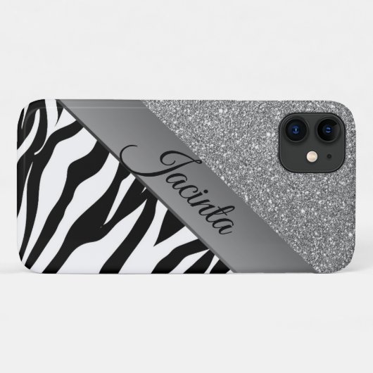 Glam Silver Glitter Zebra Print gepersonaliseerd Case-Mate iPhone Case (Achterkant (horizontaal))