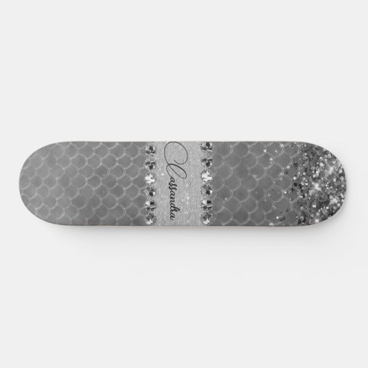 Glam Silver Glittery Diamond Bling Skateboard (Horizontaal)
