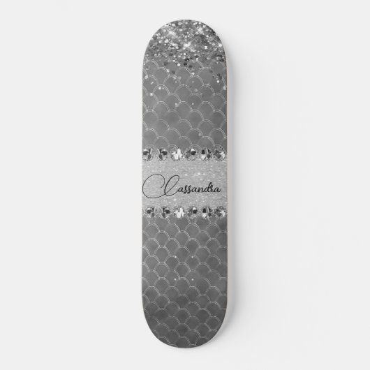 Glam Silver Glittery Diamond Bling Skateboard (Voorkant)
