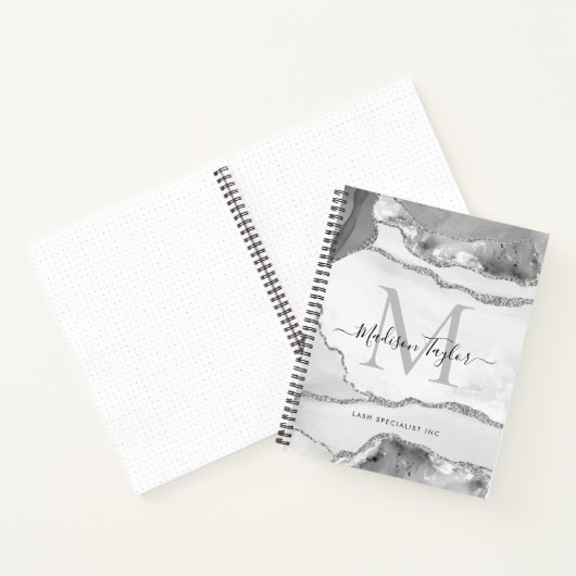Glam Silver Grey Agate Geode Monogram Script Naam Notitieboek (Binnen)