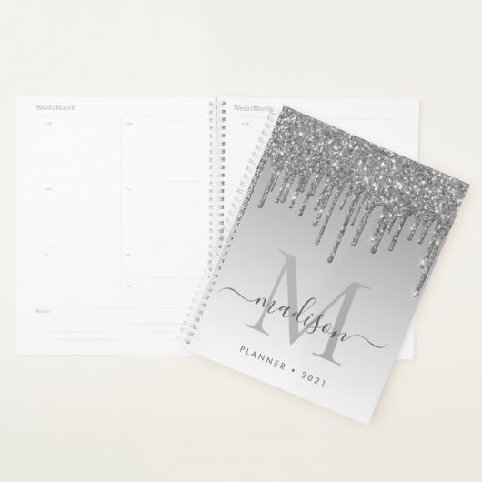 Glam Silver Grey Glitter Drips Girly Monogram 2021 Planner (Display)